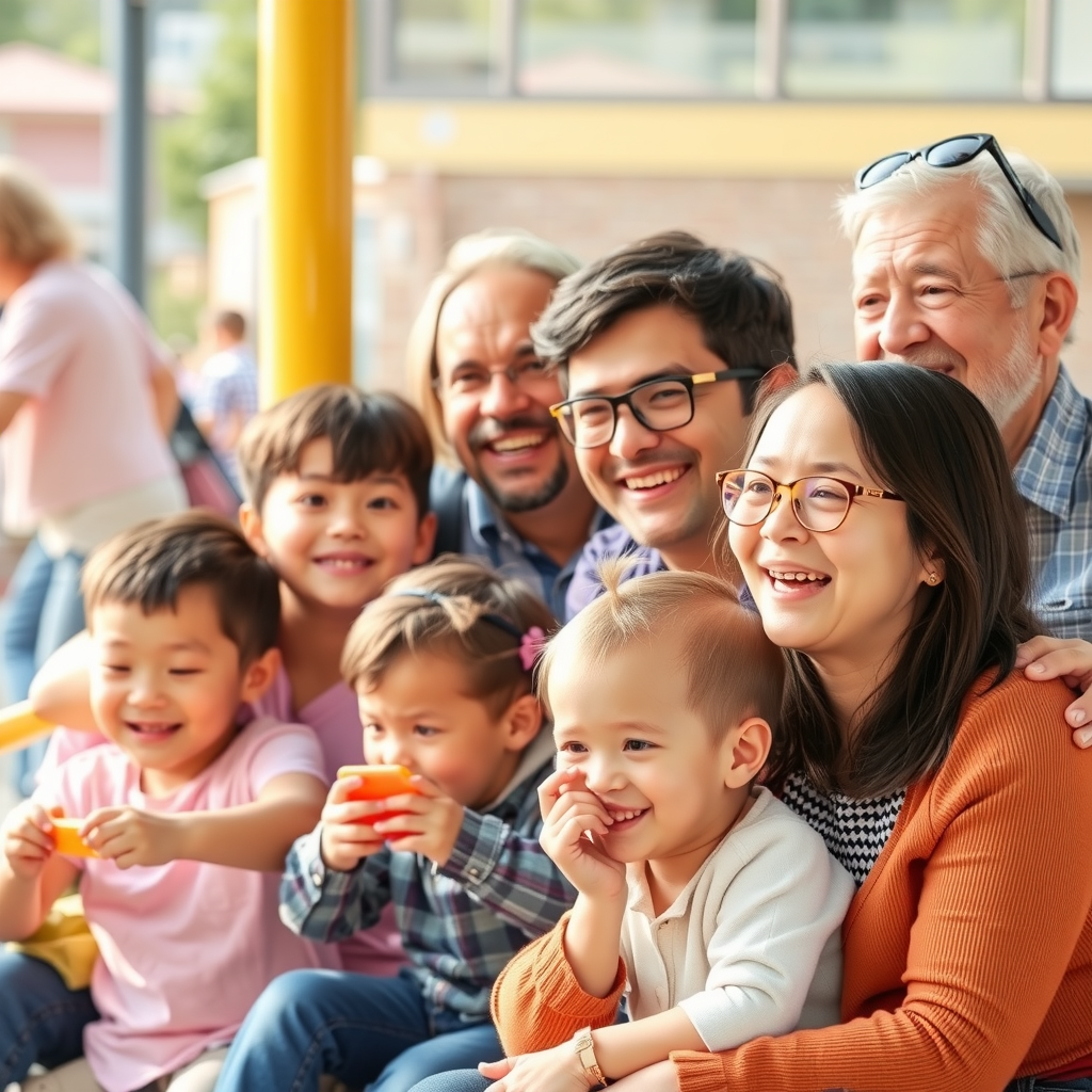 Multi-generational family with toddlers, children, teenagers, and grandparents all enjoying different attractions together