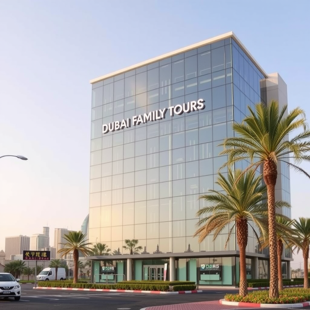 Dubai Family Tours office building located on Al Wasl Road in Dubai, modern glass facade with company signage, surrounded by palm trees and city skyline