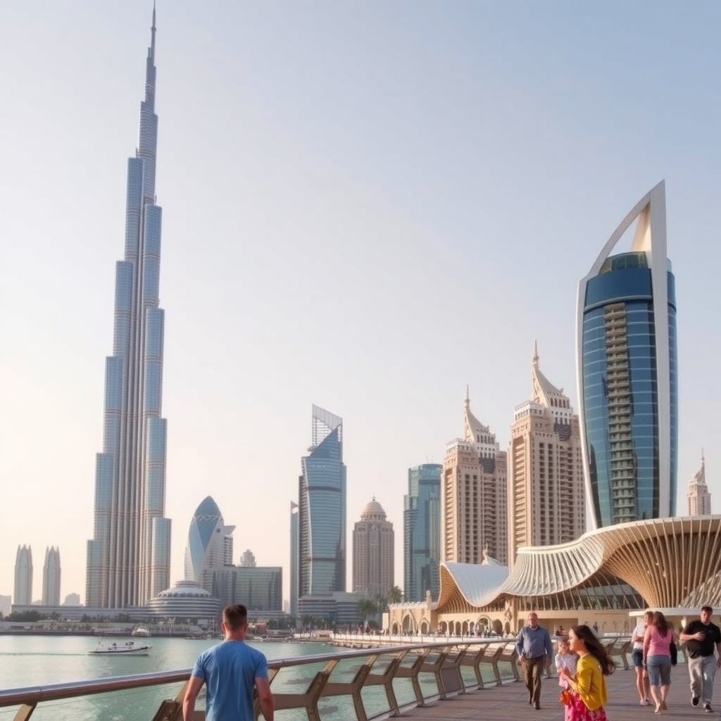 Dubai skyline featuring Burj Khalifa and modern architecture with families enjoying attractions