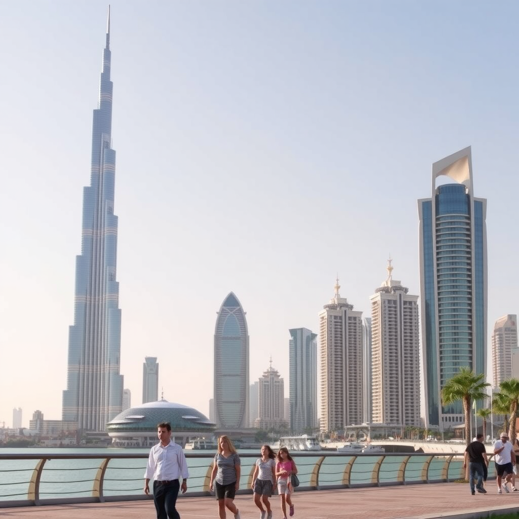 Dubai skyline featuring Burj Khalifa and modern buildings with families walking in foreground enjoying the city attractions