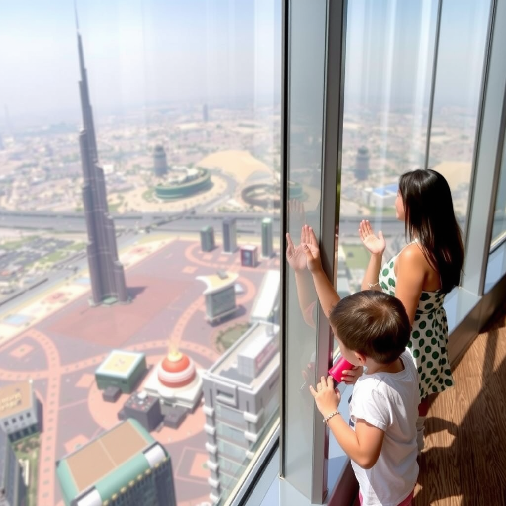 Burj Khalifa observation deck Level 124 with new family zone featuring interactive exhibits and child-friendly viewing areas with panoramic Dubai cityscape views