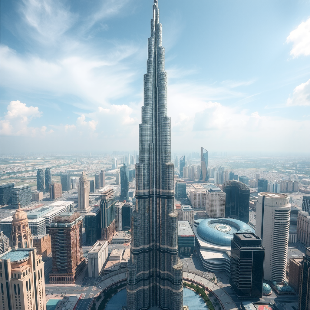 Majestic Burj Khalifa tower reaching into the sky with panoramic city views from observation deck