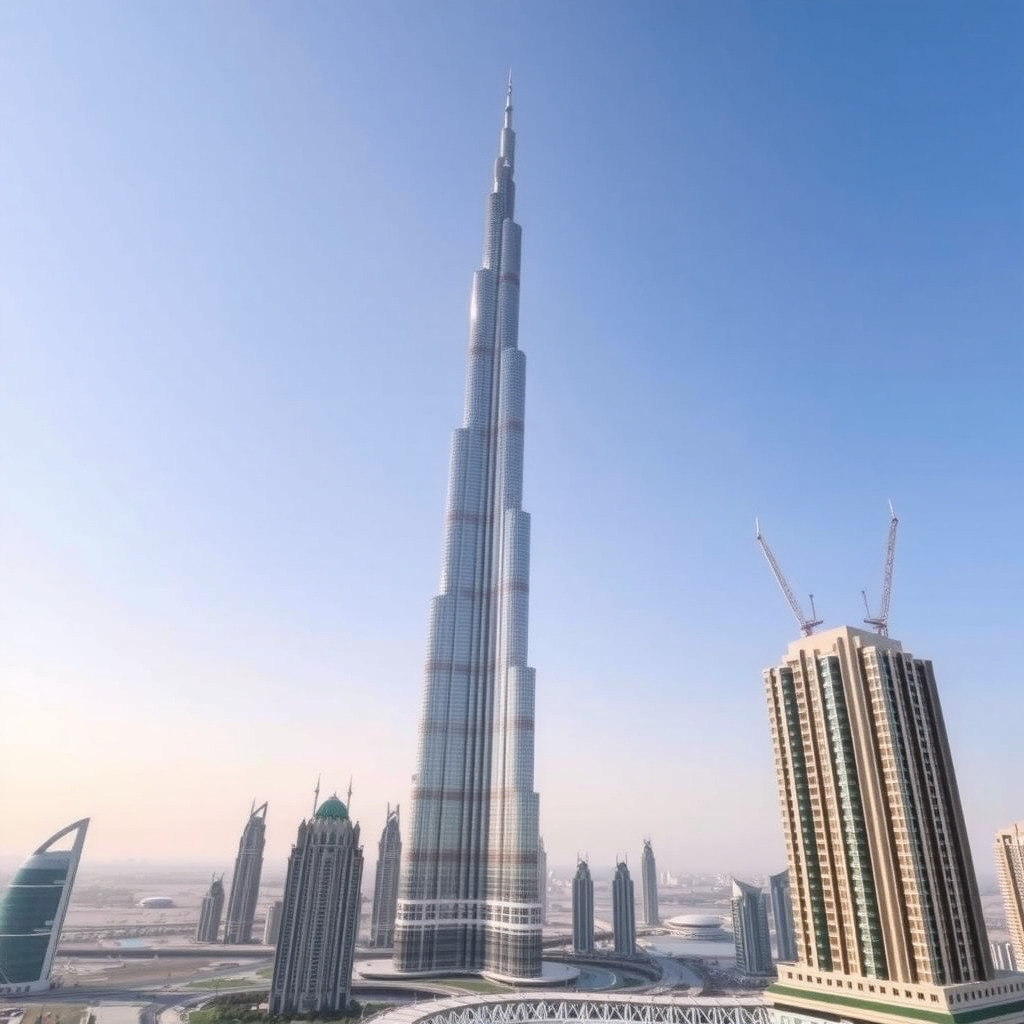 Majestic Burj Khalifa tower reaching into the sky with Dubai cityscape below, showcasing the world's tallest building against a clear blue sky