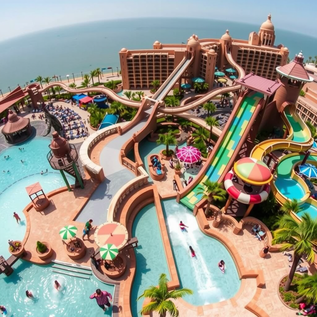 Aerial view of Aquaventure Waterpark at Atlantis Dubai showing multiple water slides, pools, and the iconic Leap of Faith slide with guests enjoying various water attractions