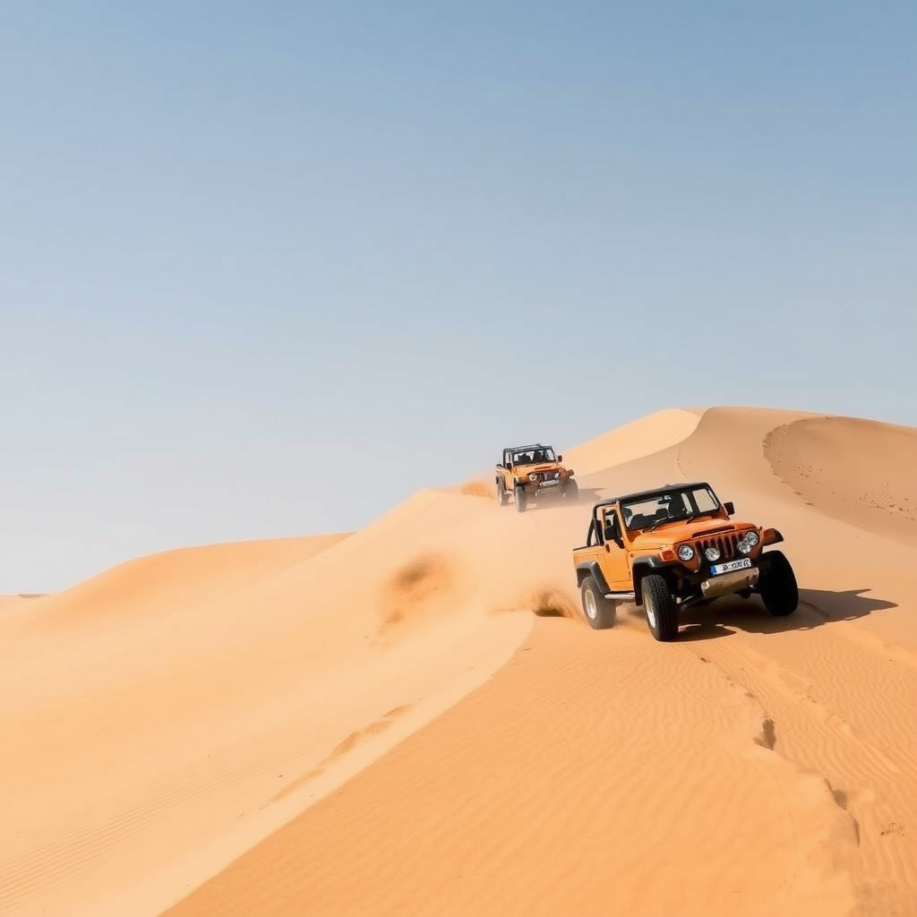 Thrilling dune bashing adventure in Dubai desert with 4x4 vehicles racing over golden sand dunes under clear blue sky
