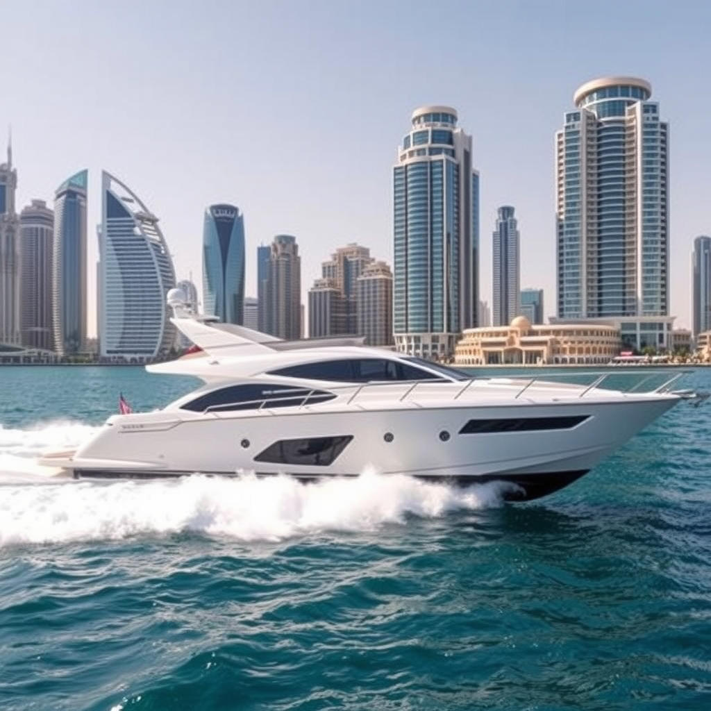 Luxury yacht sailing through Dubai Marina with modern skyscrapers in the background and crystal clear waters
