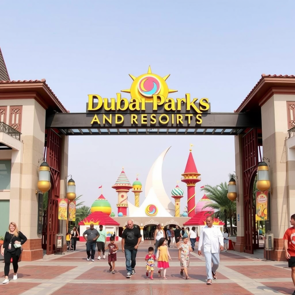 Dubai Parks and Resorts main entrance with colorful theme park attractions and families walking through the gates
