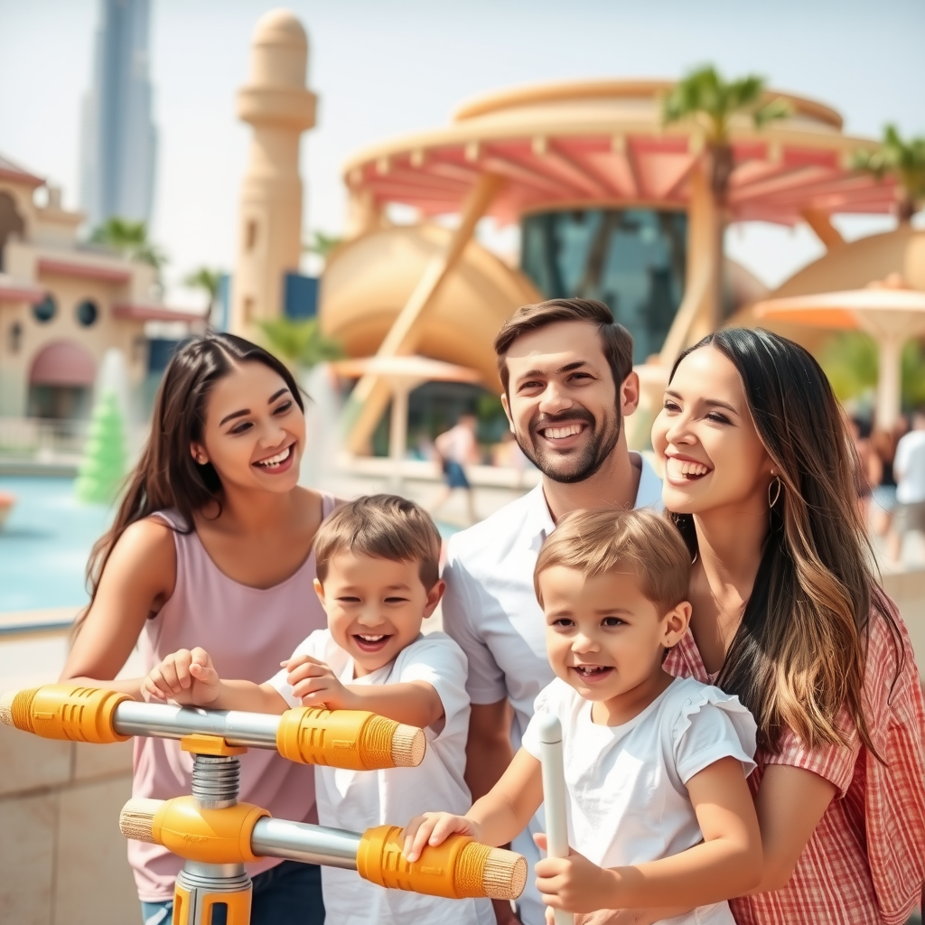 Happy family of four enjoying Dubai attractions with children playing and parents smiling at a modern theme park