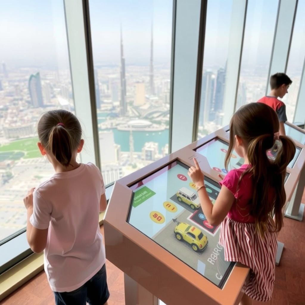 Children using interactive touch-screen exhibits at Burj Khalifa family zone with Dubai skyline visible through floor-to-ceiling windows