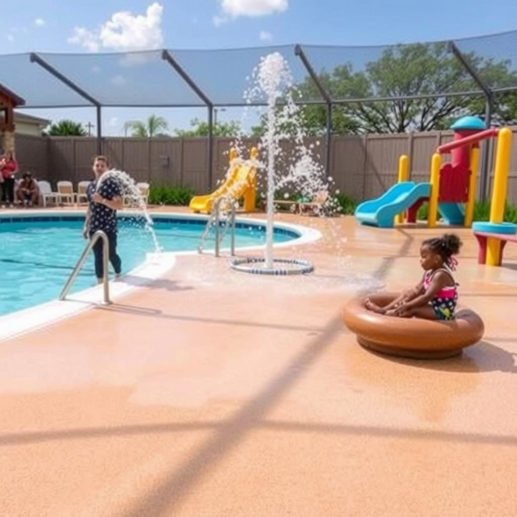Shallow pools with non-slip surfaces and gentle water features in the toddler splash zone, showing safety railings and soft play equipment