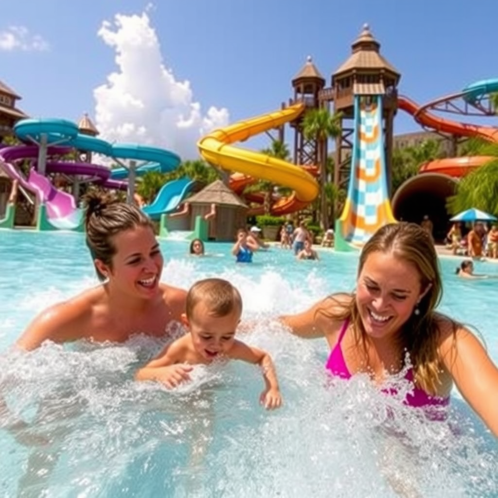 Exciting water slides and pools at Aquaventure Waterpark with families enjoying thrilling attractions