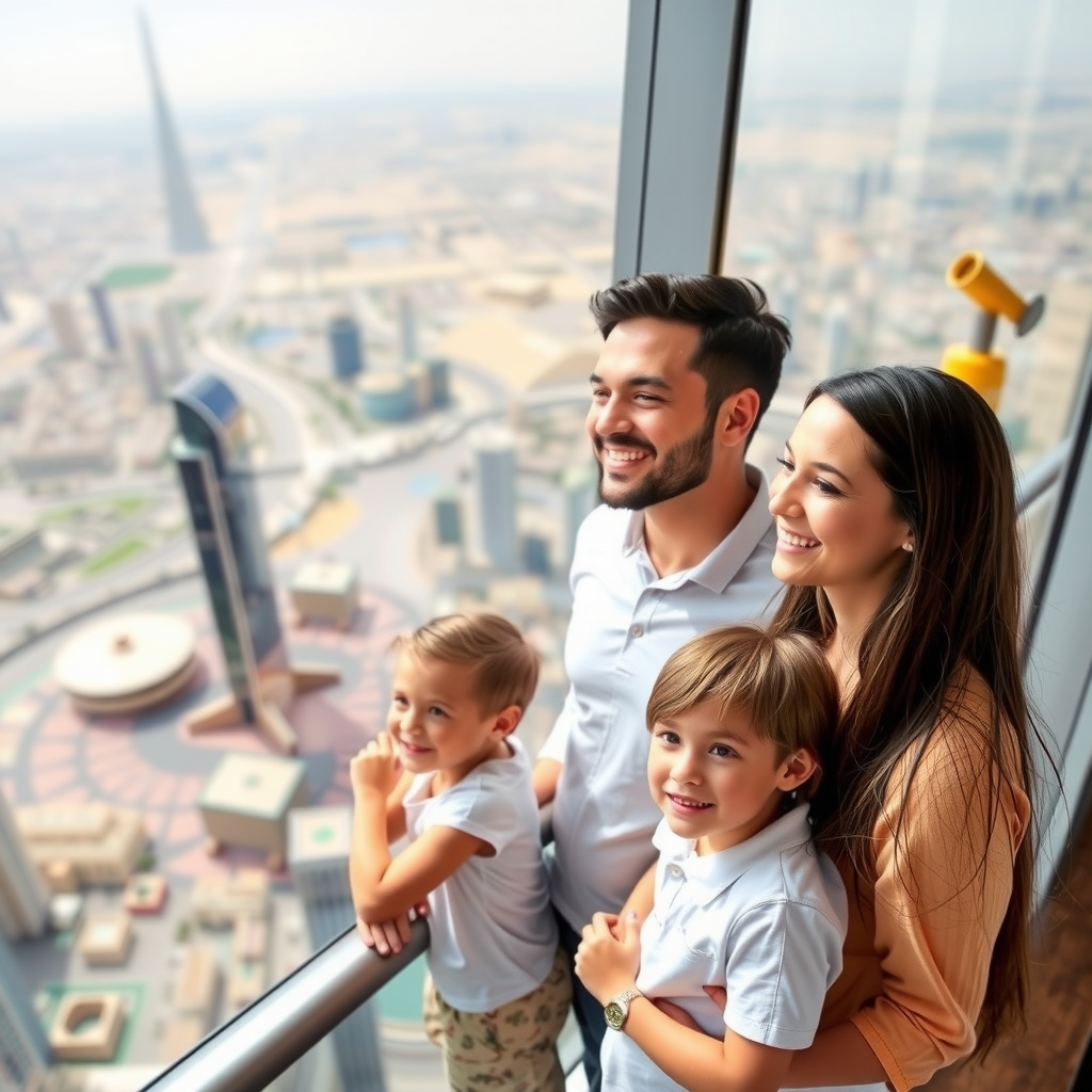 Happy family with children looking out from Burj Khalifa observation deck, enjoying panoramic views of Dubai with interactive telescopes and child-friendly viewing areas