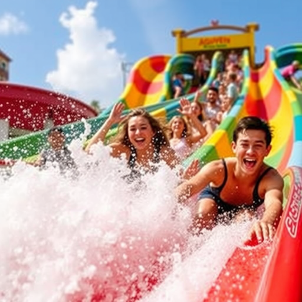Guests racing down colorful high-speed water slides at Aquaventure Waterpark with splashing water and excited expressions