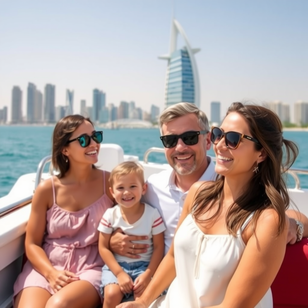 Happy family enjoying yacht cruise with Dubai skyline and Burj Al Arab in the background