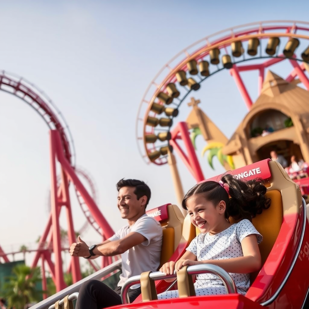 Thrilling roller coasters and movie-themed attractions at Motiongate Dubai with families enjoying rides