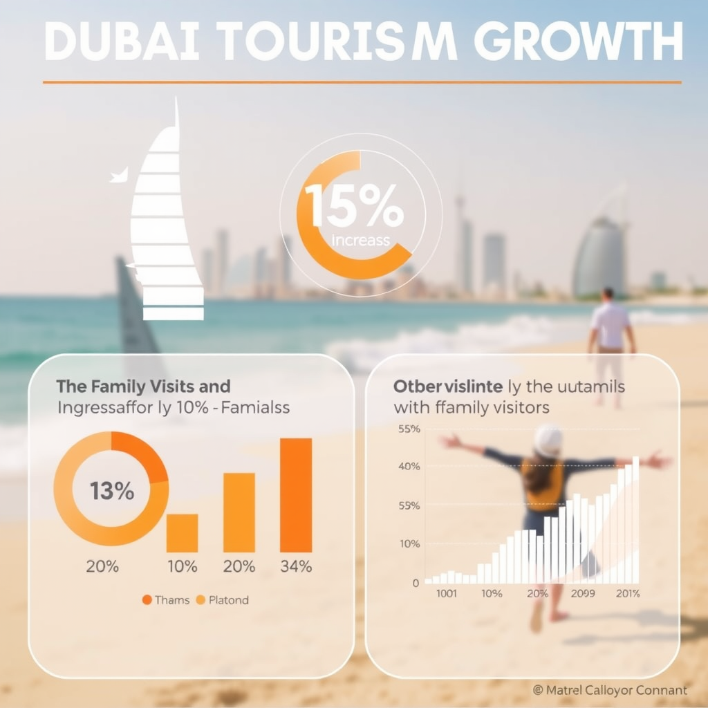 Infographic showing Dubai tourism growth statistics with charts and graphs displaying the 15% increase in family visitors