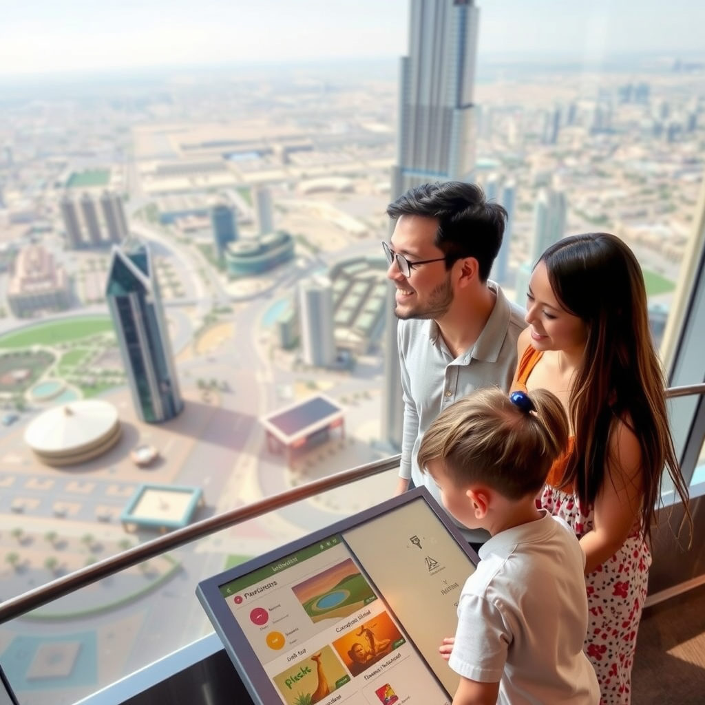 Family with children enjoying panoramic Dubai views from Burj Khalifa Level 124 family zone with interactive educational displays in foreground