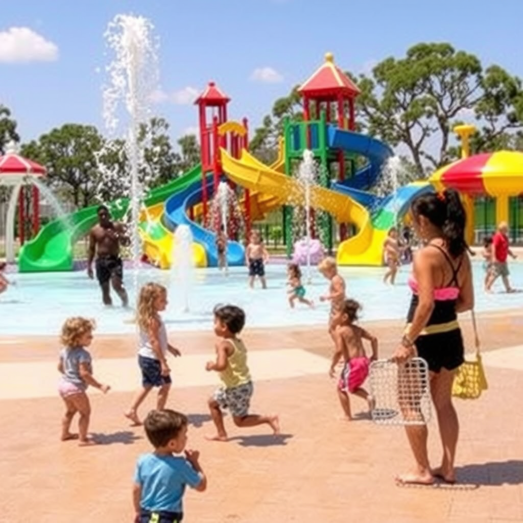Colorful mini water slides and interactive spray features in the toddler zone with children playing safely under parental supervision