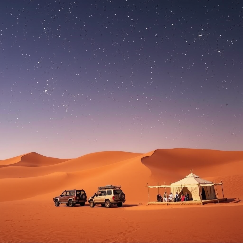 Desert safari with dune bashing vehicles and traditional Bedouin camp under starry night sky