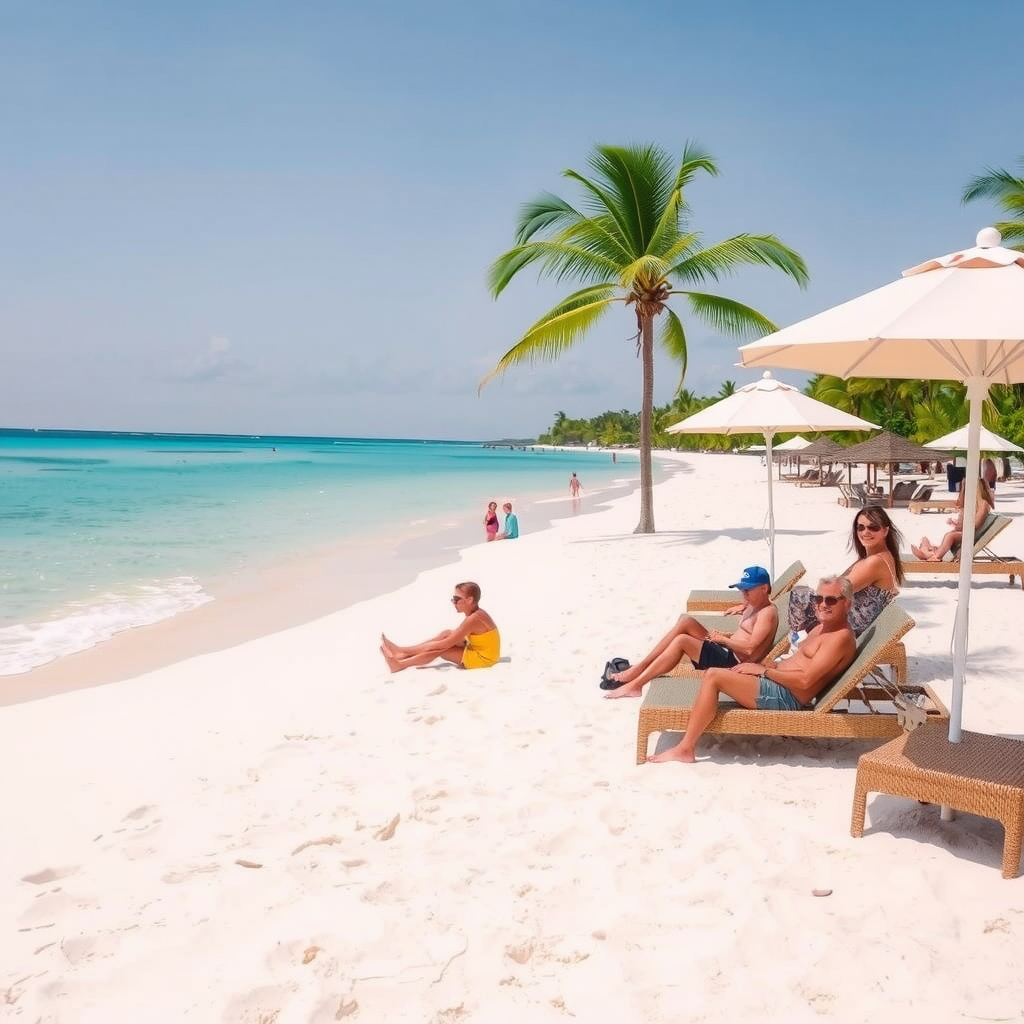 Families relaxing on pristine white sand private beach with crystal clear turquoise water, palm trees, and comfortable beach loungers under umbrellas