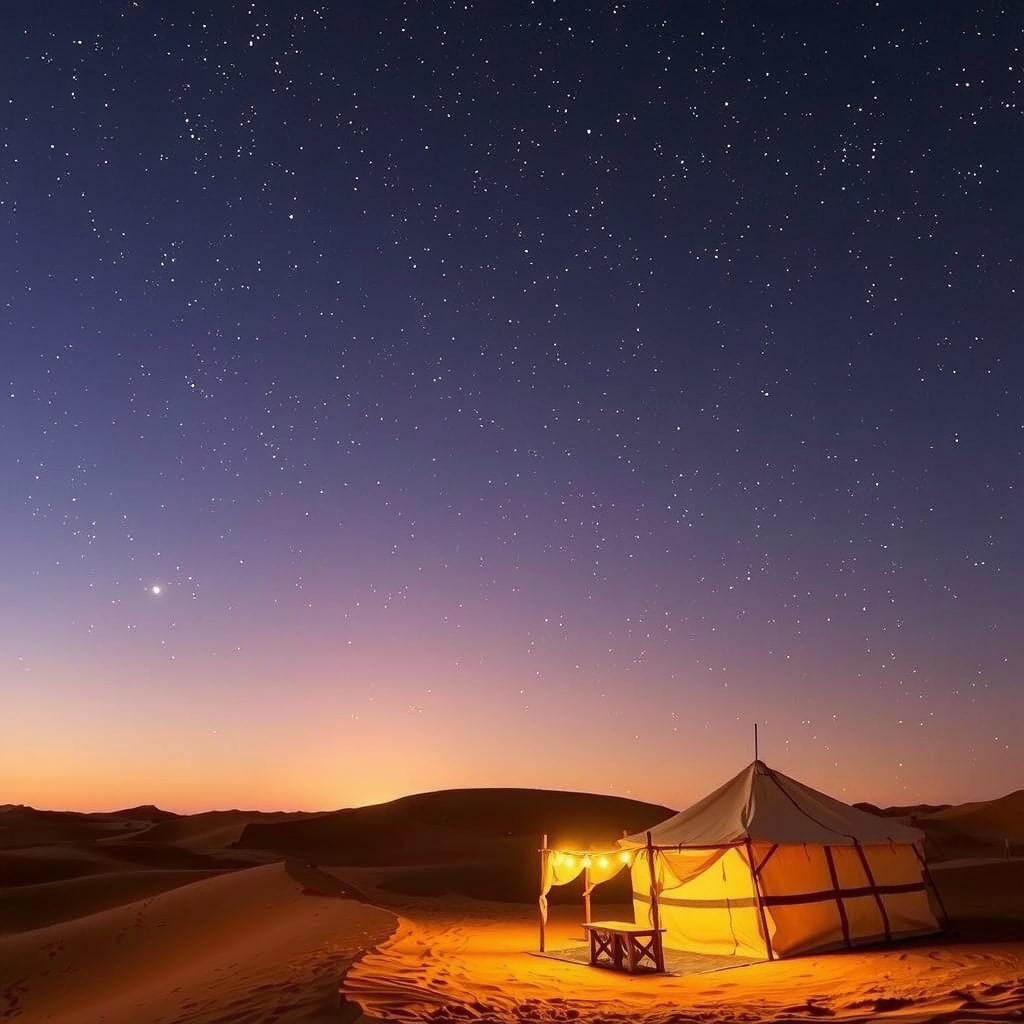 Magical stargazing experience in Dubai desert with clear night sky full of stars above traditional Bedouin camp with warm lighting