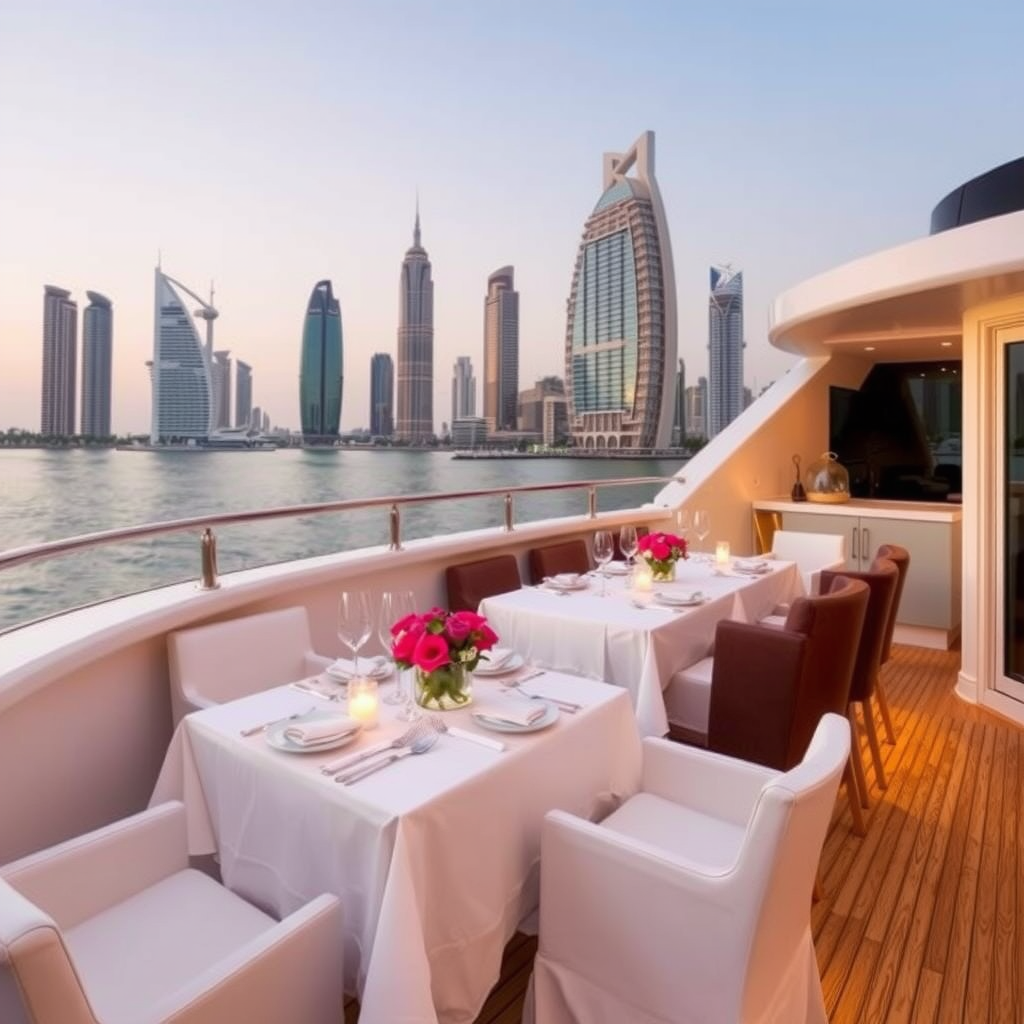 Yacht deck with elegant dining setup and panoramic views of Dubai Marina towers
