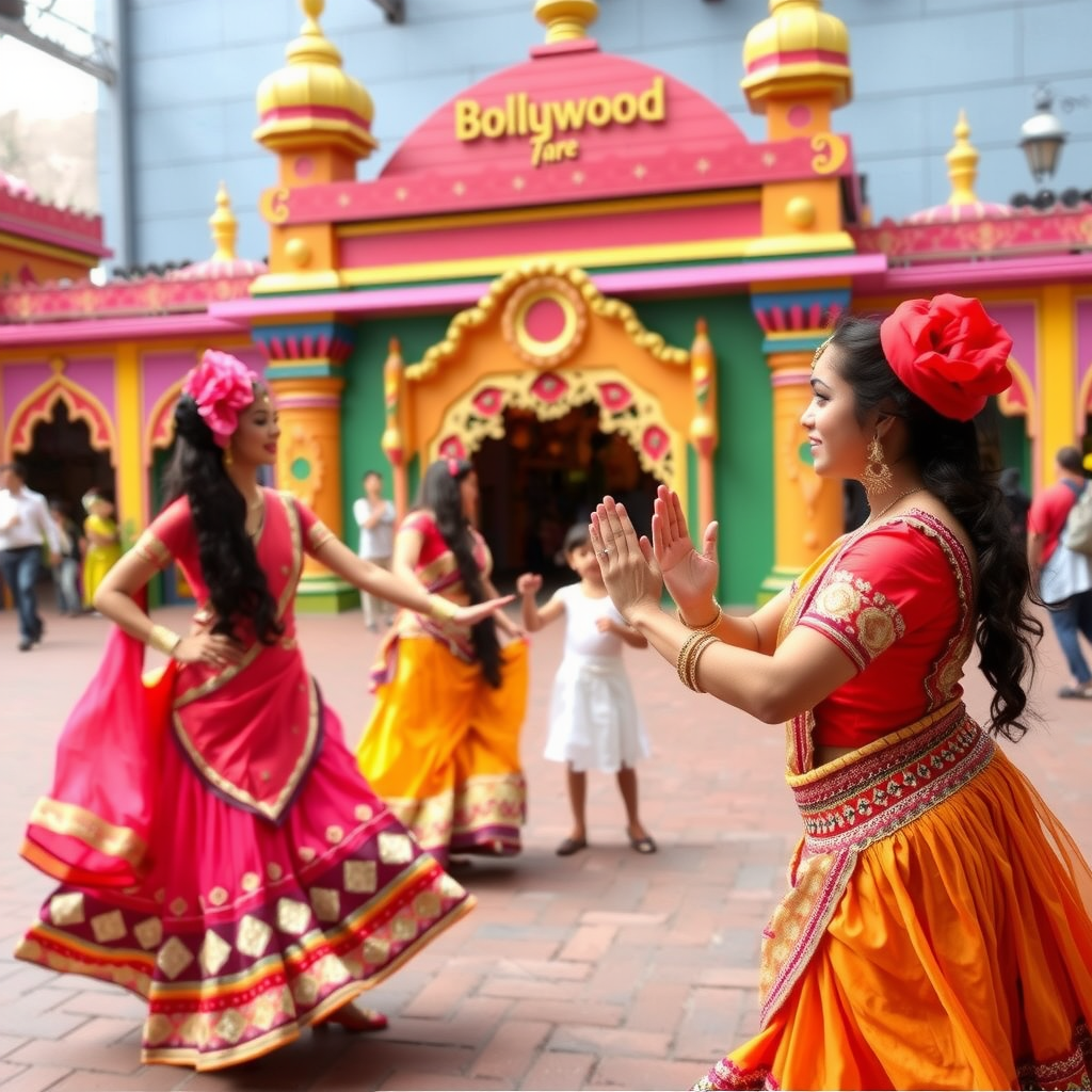 Colorful Bollywood-themed attractions with dancers in traditional costumes performing for families