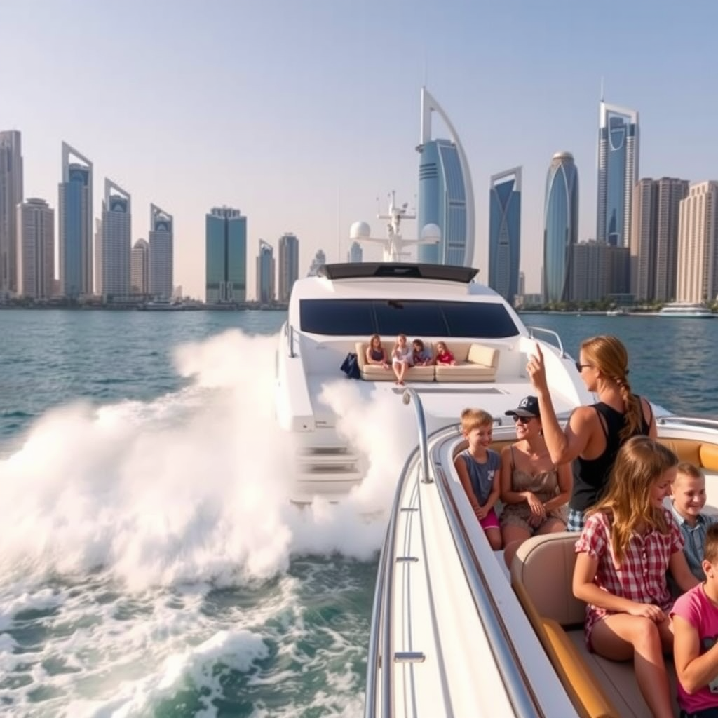 Luxury yacht sailing through Dubai Marina with city skyline and families enjoying cruise experience