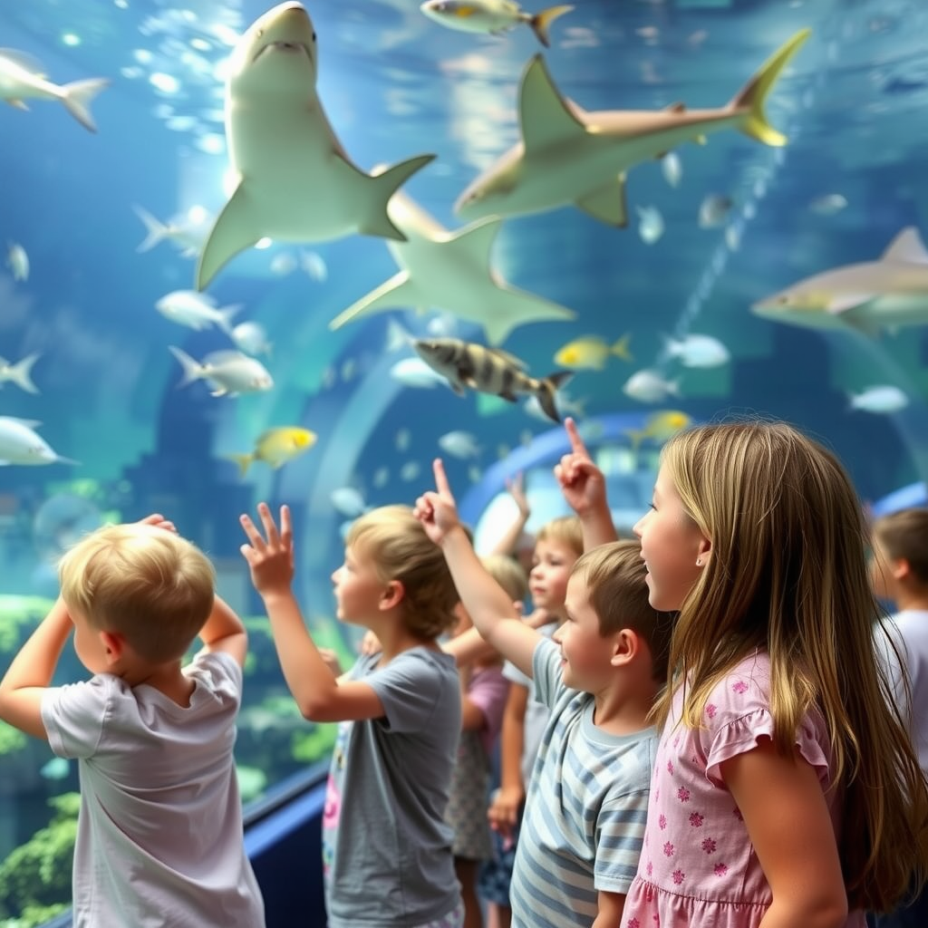 Children and families watching sharks, rays, and tropical fish swimming in a large aquarium tunnel with amazed expressions and pointing gestures