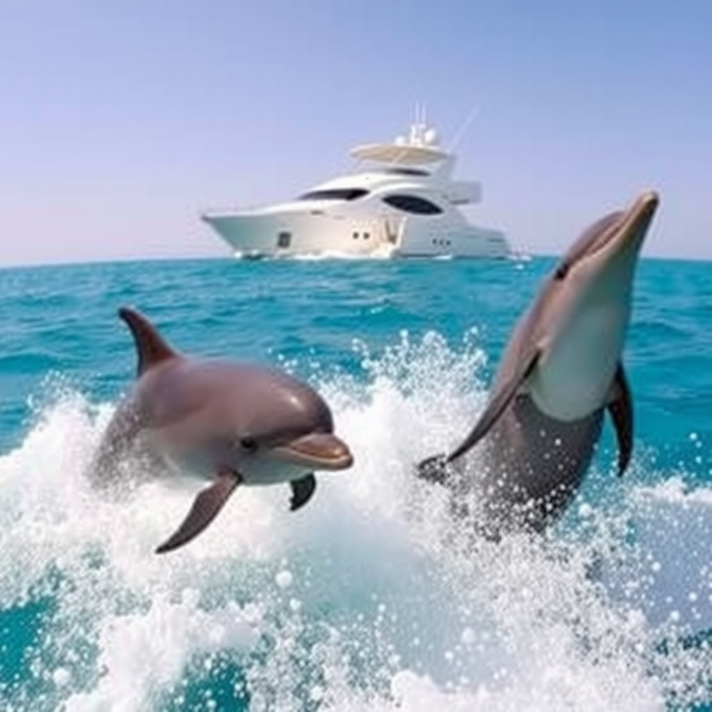 Dolphins swimming near yacht in clear blue waters off Dubai coast