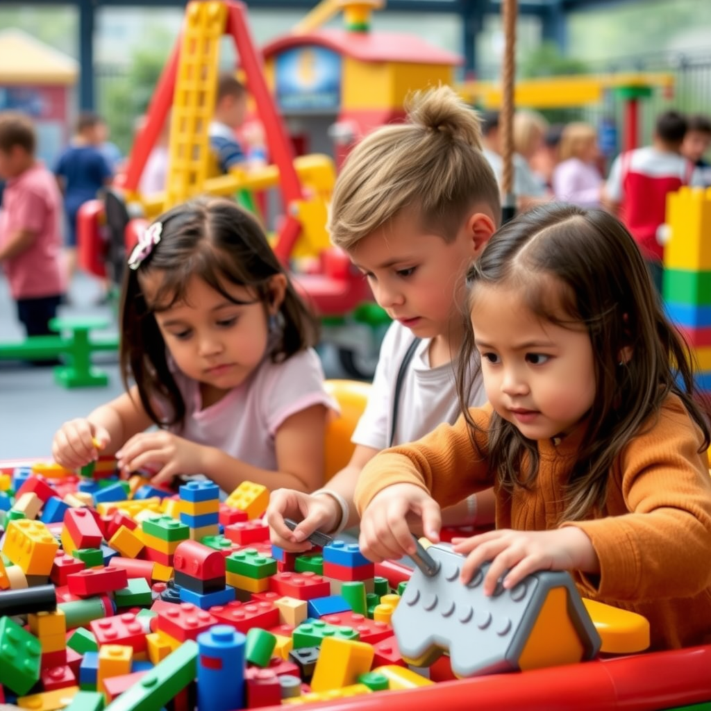 Children building with LEGO bricks and enjoying age-appropriate rides designed for kids aged 2-12