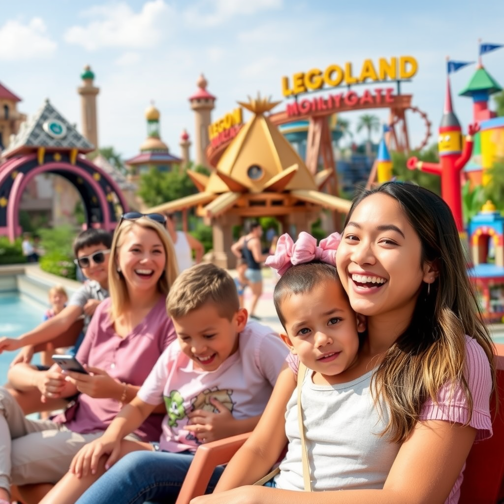 Family enjoying multiple theme parks including Motiongate, Bollywood Parks, and Legoland with exciting rides