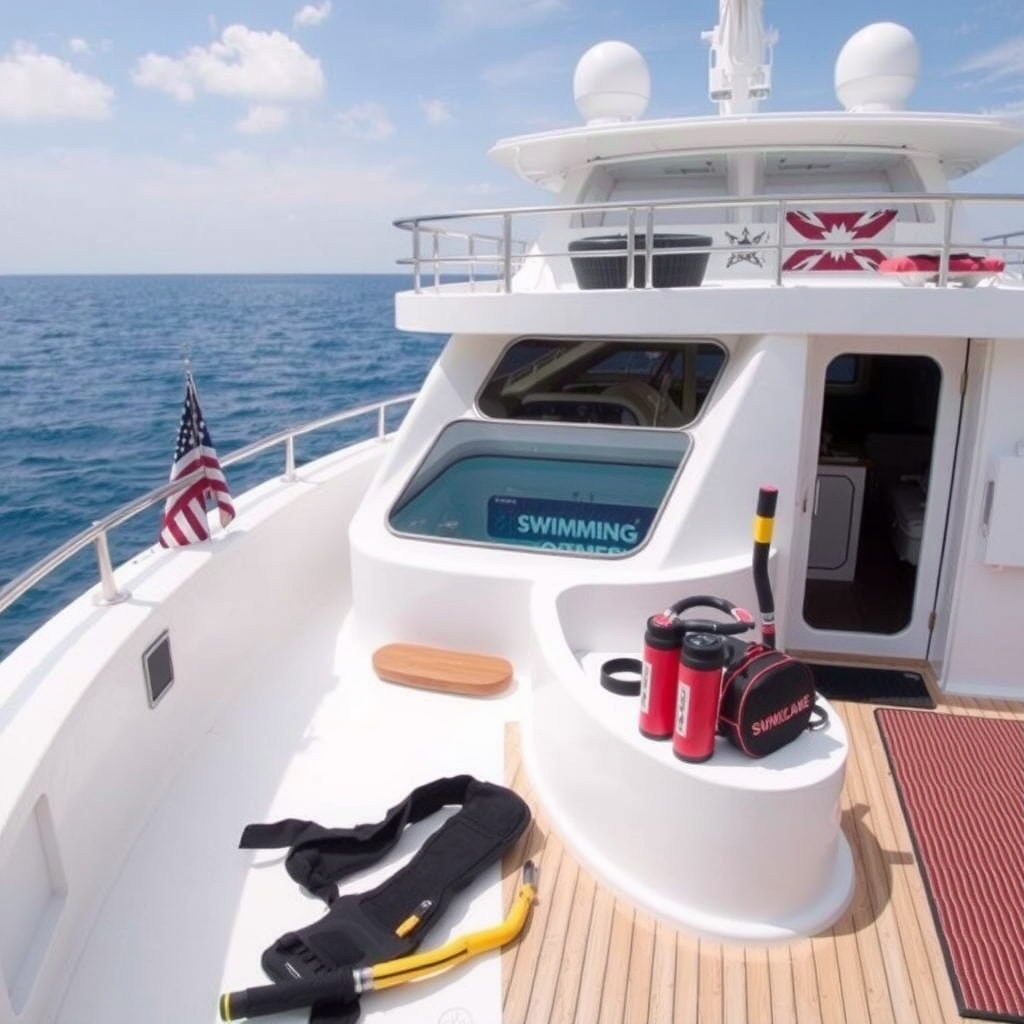 Snorkeling equipment and designated swimming area on luxury yacht deck