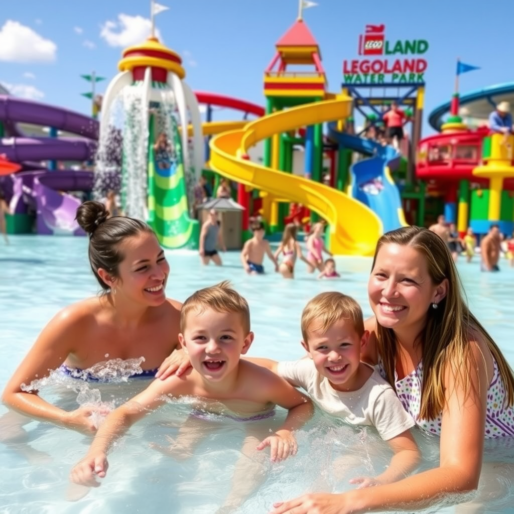 Families enjoying water slides and splash areas at Legoland Water Park with colorful LEGO-themed water attractions