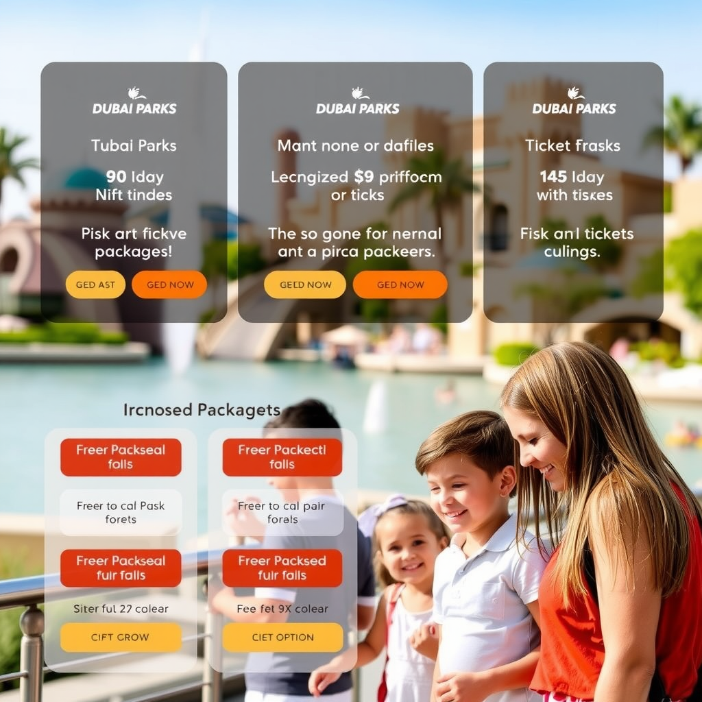 Various Dubai Parks ticket options displayed with families choosing their preferred packages