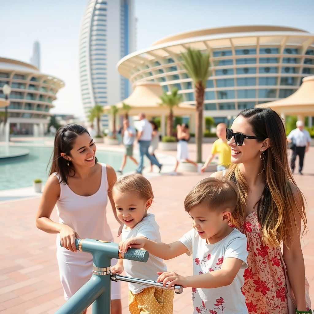 Happy families enjoying Dubai attractions with children playing at modern tourist destinations, showing increased visitor numbers and family-friendly tourism growth