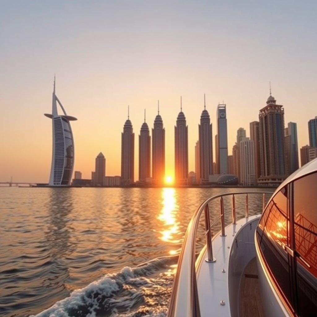 Breathtaking Dubai Marina skyline at sunset viewed from yacht with golden light reflecting on water