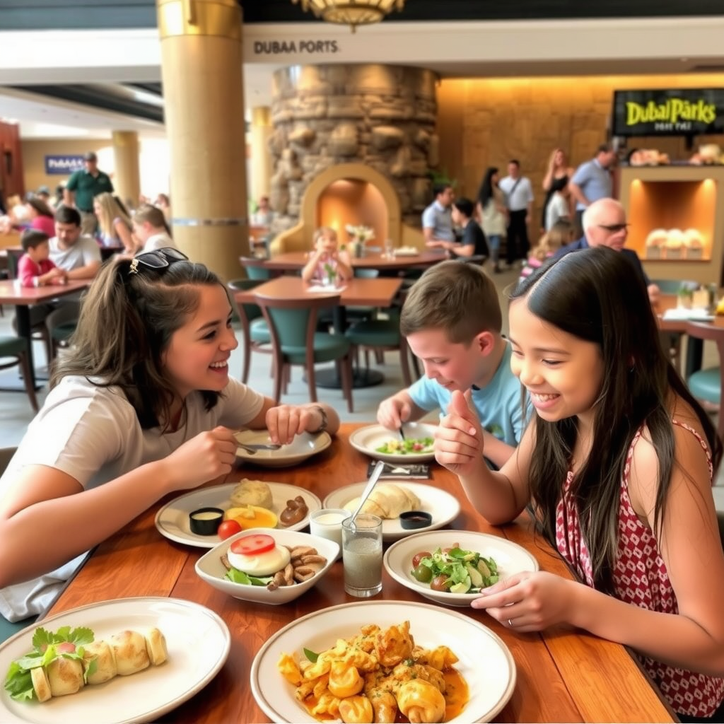 Family enjoying meals at various restaurants across Dubai Parks with diverse food options