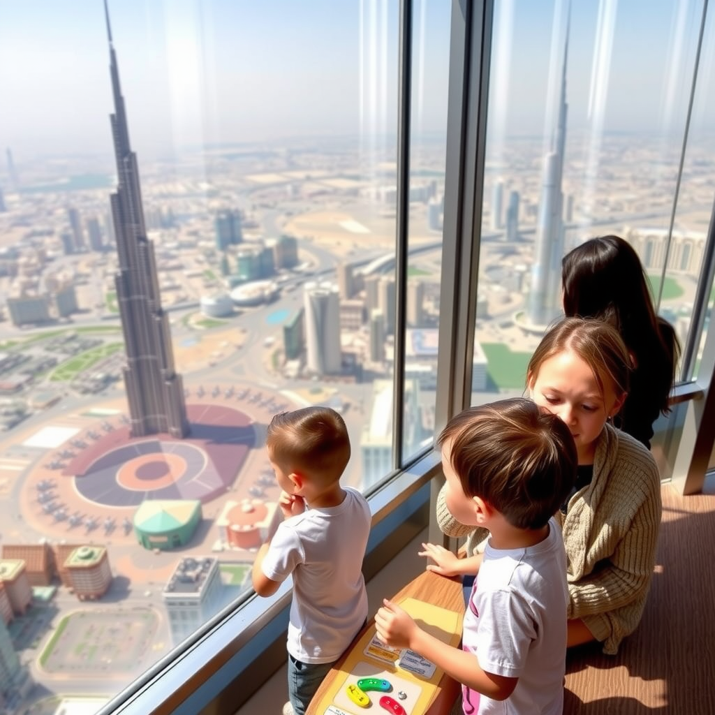 Burj Khalifa observation deck with new family zone featuring interactive exhibits and children enjoying panoramic Dubai city views from the world's tallest building