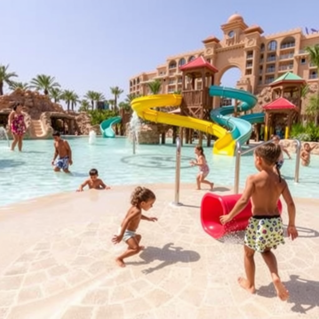 Aquaventure Waterpark new toddler splash zone with shallow pools, mini water slides, and safe play structures designed for children under 5 years old at Atlantis The Palm